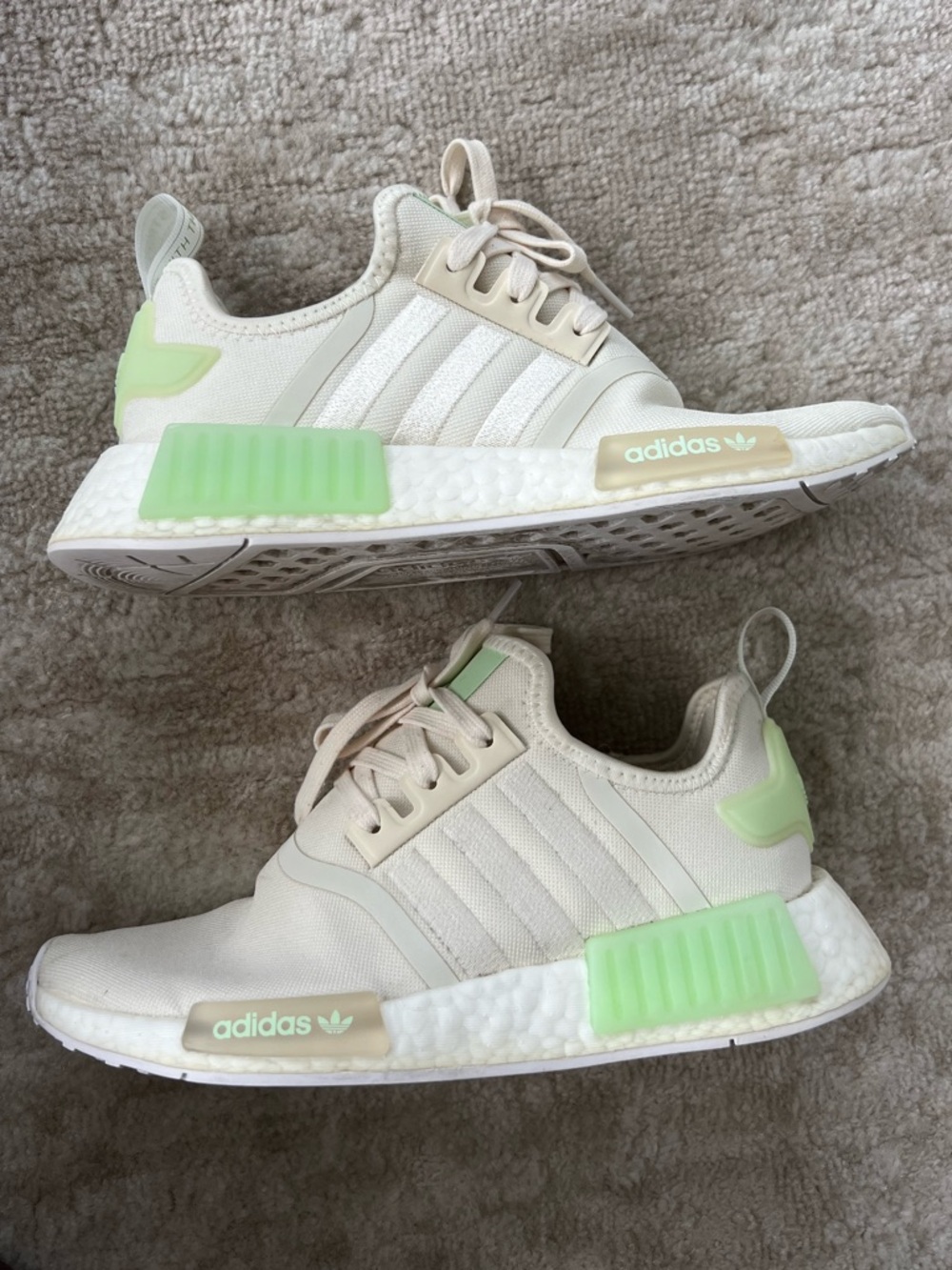 Women’s Adidas NMD R1 Sneakers in Cream White with Semi Green Spark